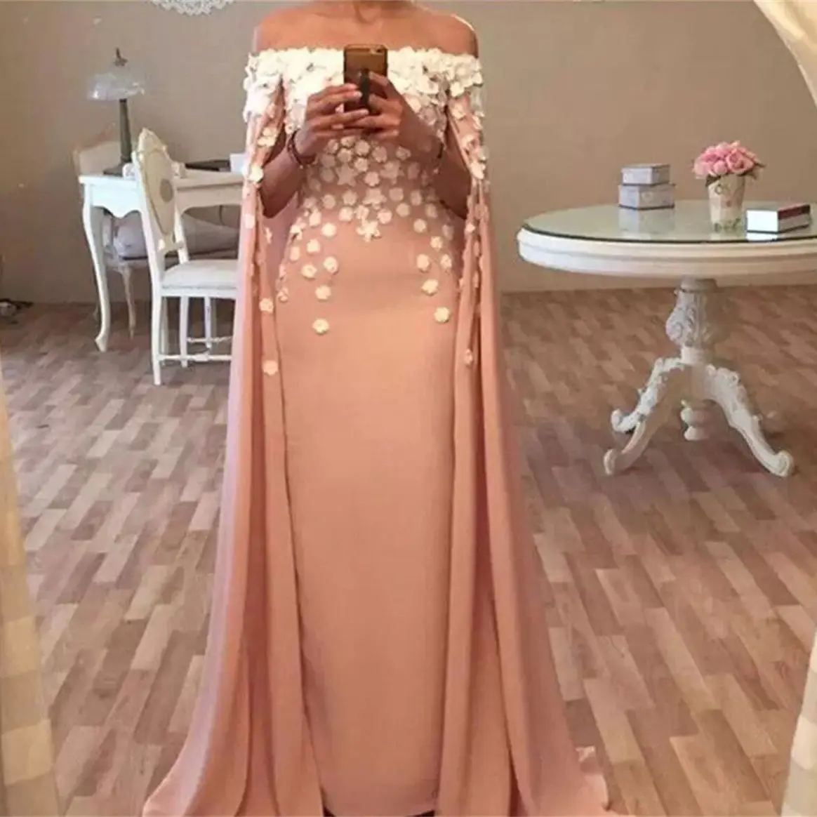 Arabic Flower Evening Prom Dresses Sheer Cape Off Shoulder Vestido De Festa Women Gowns Dusty Pink Demure 2024 Robe De Soirre