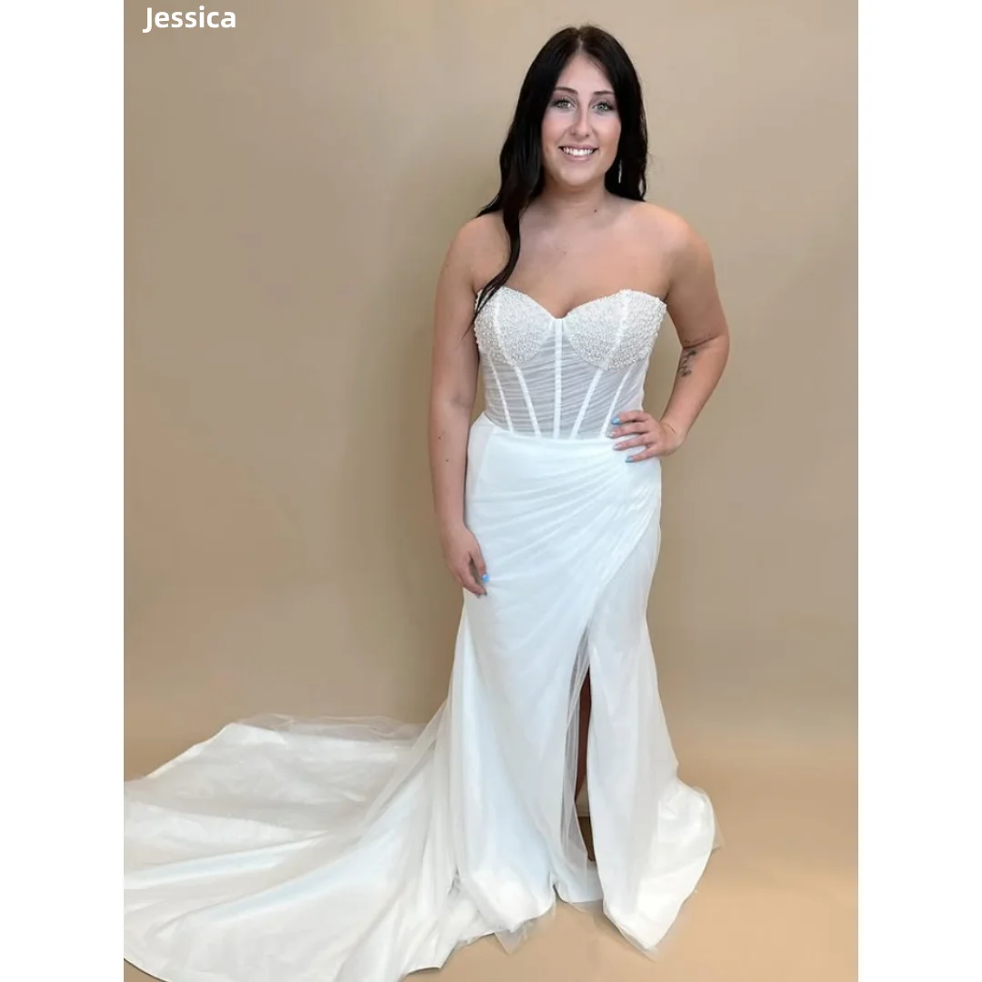 

Jessica Gorgeous White Evening Dresses Fishbone Pearl Prom Dresses Sexy Off-shoulder Side Slit Wedding Party Dresses Customized