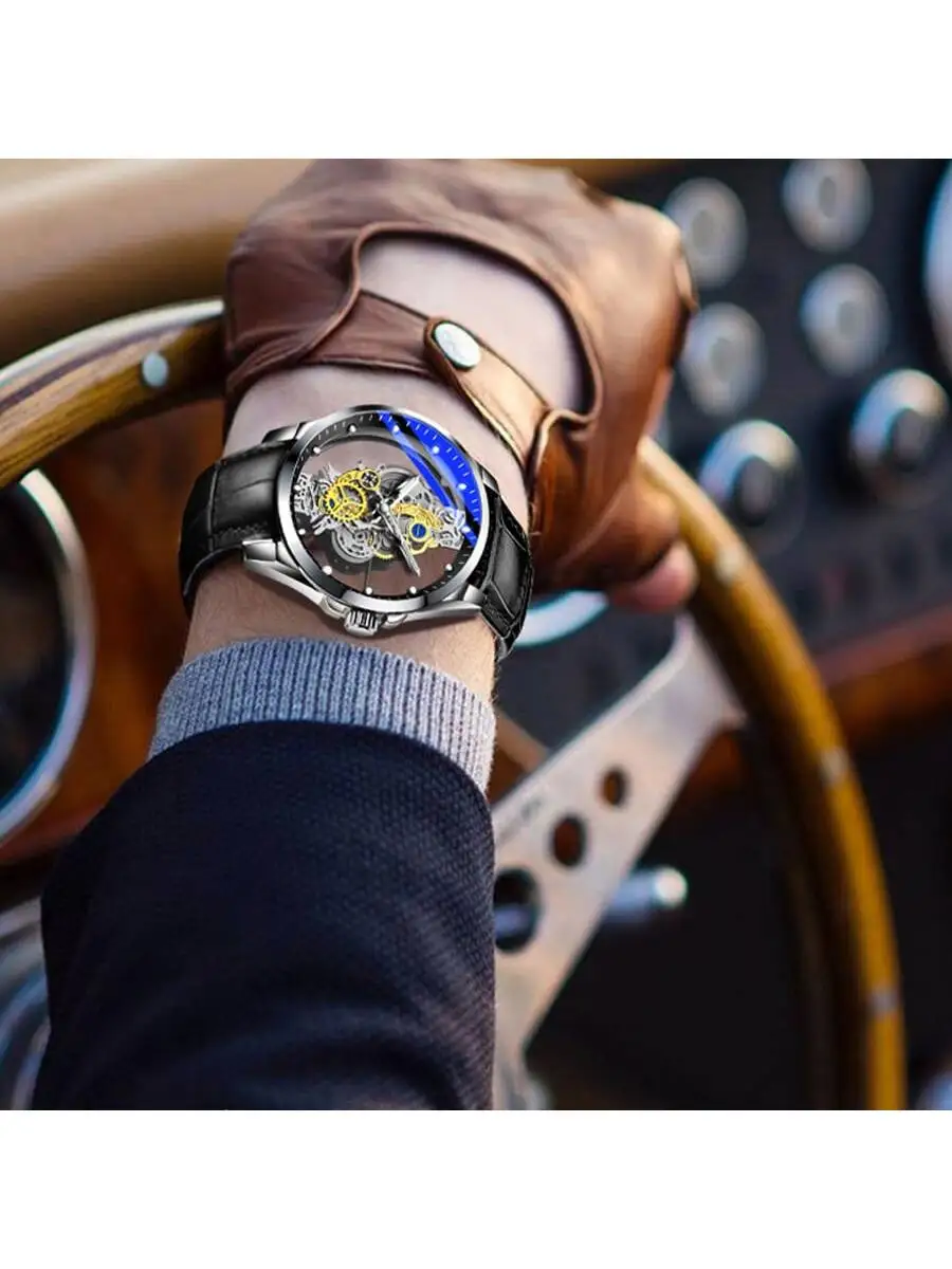 Orologio al quarzo da uomo di nuova moda di marca scheletro orologio da polso da uomo d'affari cinturino in pelle orologio al quarzo luminoso per uomo