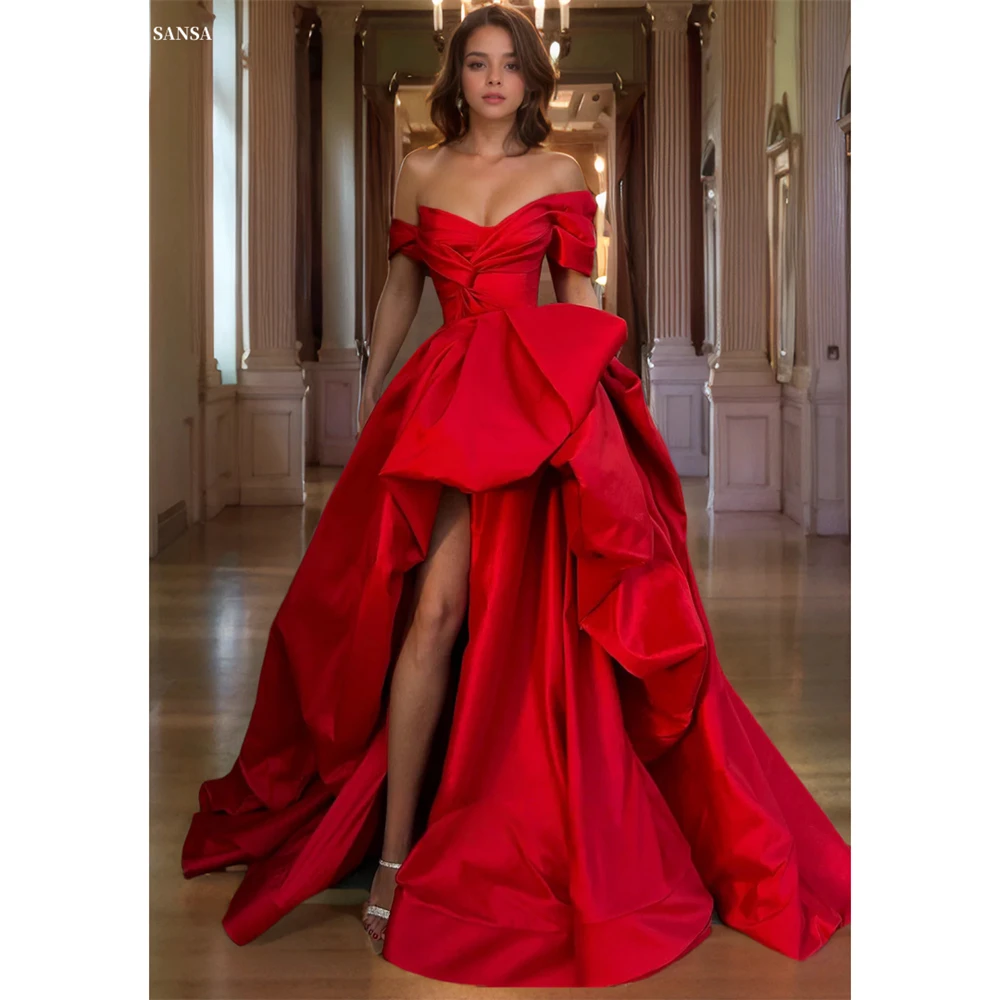 

Красное платье трапециевидной формы Sansa по индивидуальному заказу с разрезом по бокам и каскадными рюшами для выпускного вечера с открытыми плечами Vestidos De Noche длиной до пола, торжественное вечернее платье