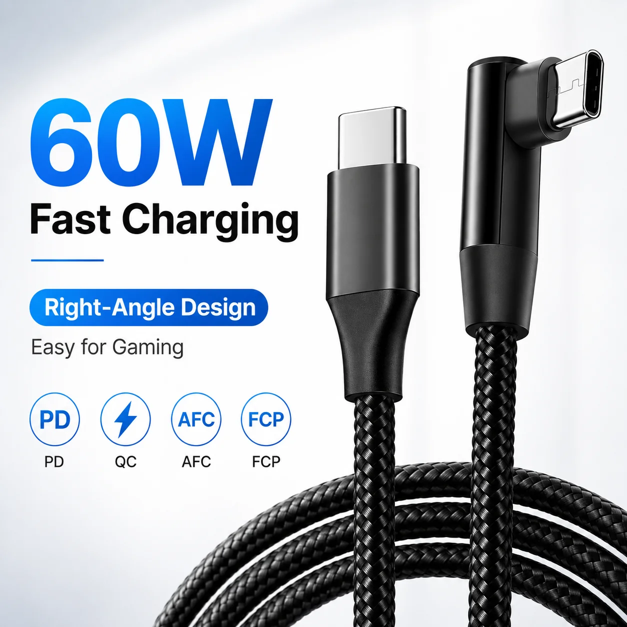 60W USB-C zu USB-C Kabel, Rechtwinkliges PD Schnellladekabel Nylon-Umflochtenes Typ-C Kabel für Gaming-Handys, Tablets und Laptops