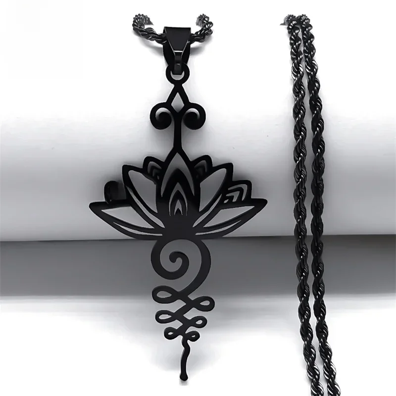 Collier pendentif fleur de Lotus artistique pour femmes et hommes, en acier inoxydable, couleur noire, colliers Chakra de guérison de Yoga, bijoux gothiques