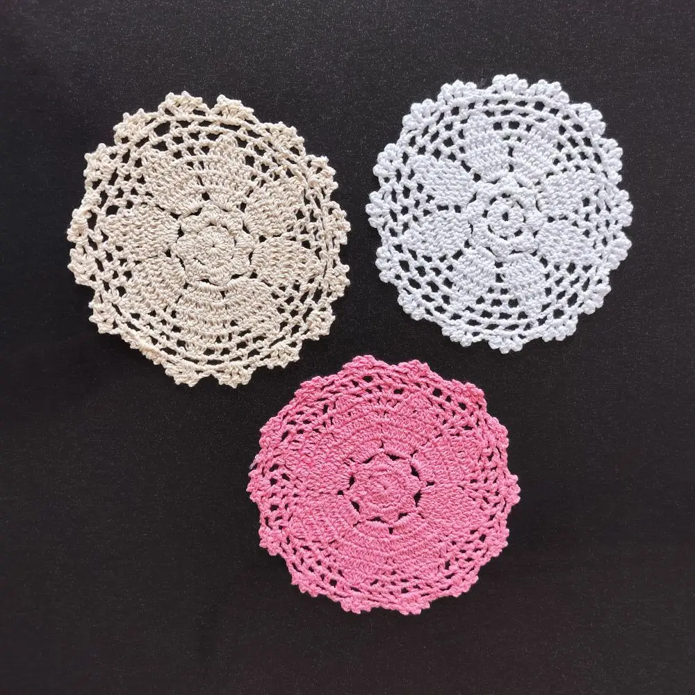 1pc Crafts Drinks Cups Coaster Small Size Table Placemat White Beige Deep Pink Color Soft Washable Doily For Dining Coffee Table