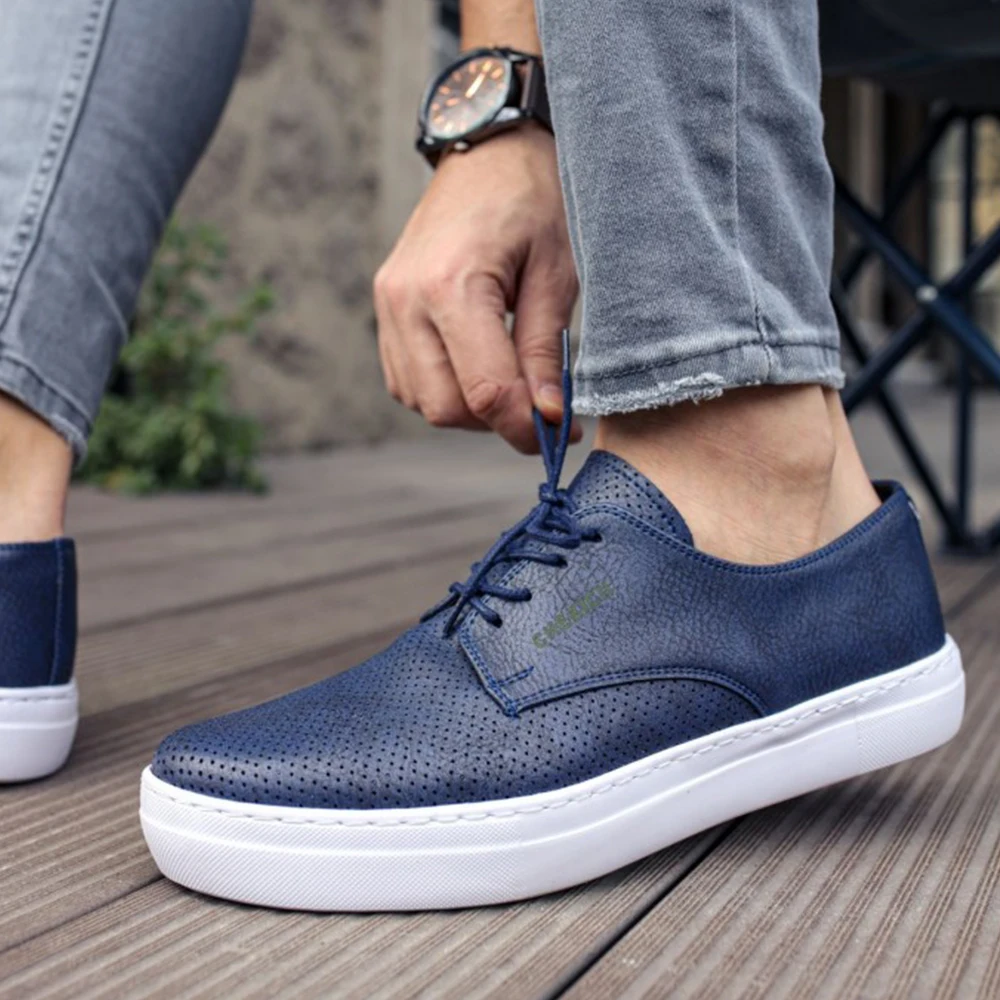 FOH Store Sneakers for Men Women NAVY BLUE Artificial Leather 2023 Spring Autumn Casual Lace Up Fashion Shoes High Base Sport Comfortable Light Vulcanized Daily Original Odorless Orthopedic Suits Office Wedding 061