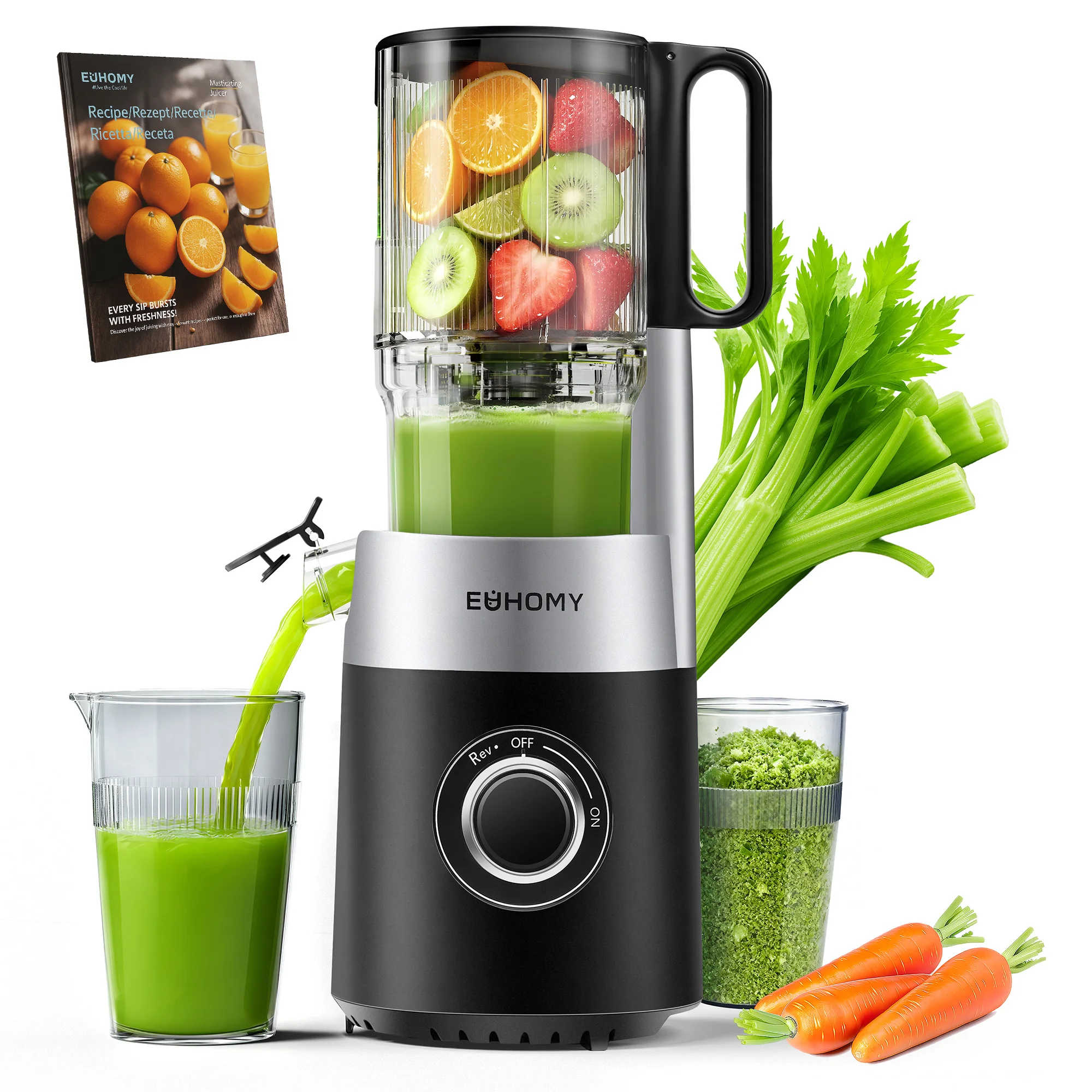 Presse-agrumes à pression froide avec triple système de filtre - arbre de remplissage de 135 mm-220W-Black-0.7L-pour fruits et légumes-99% produits de jus