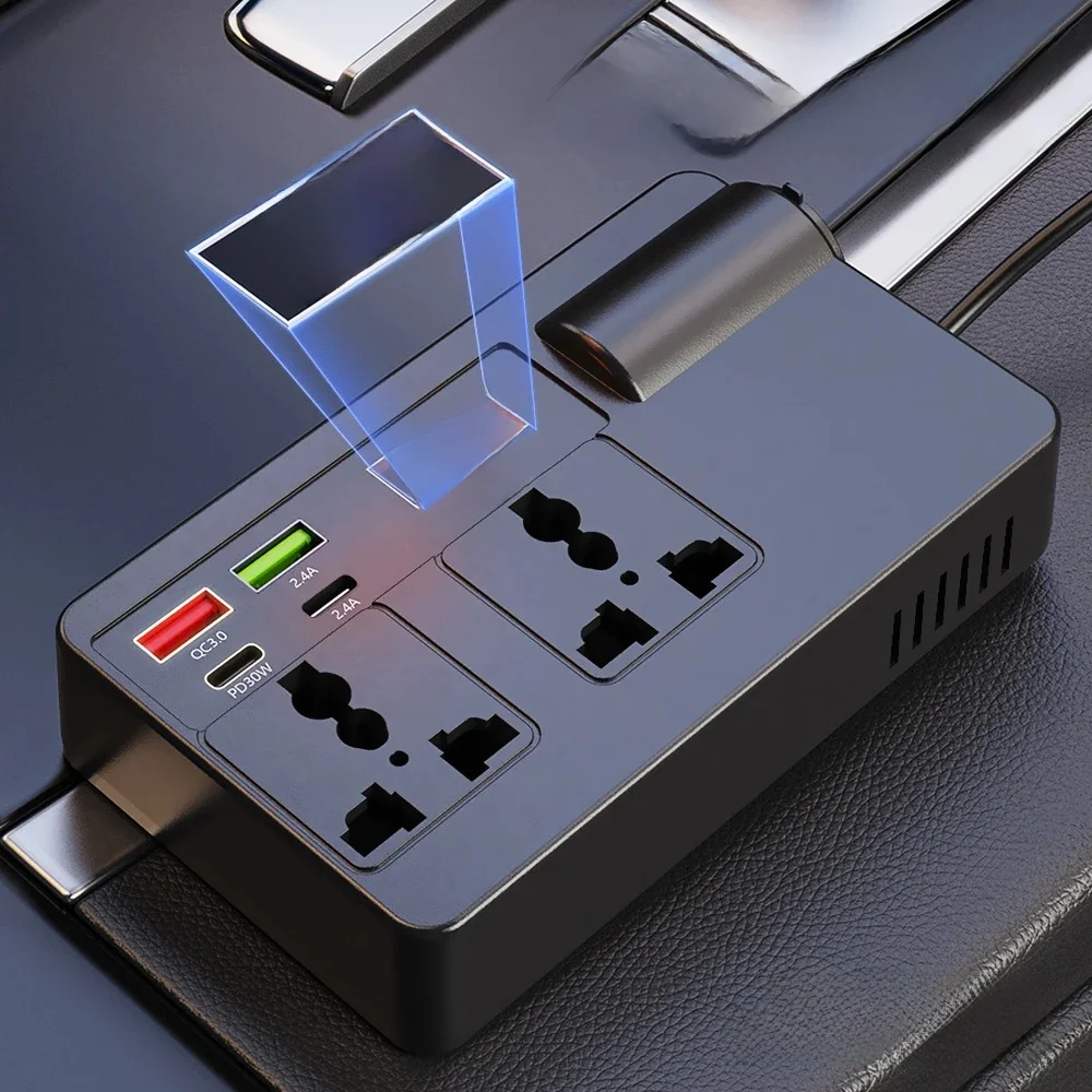 Adaptateur d'alimentation pour onduleur de voiture 200W DC 12V/24V à AC 220V, convertisseur QC 3.0 USB/PD/type-c, chargeurs, détection de tension, interrupteur marche/arrêt