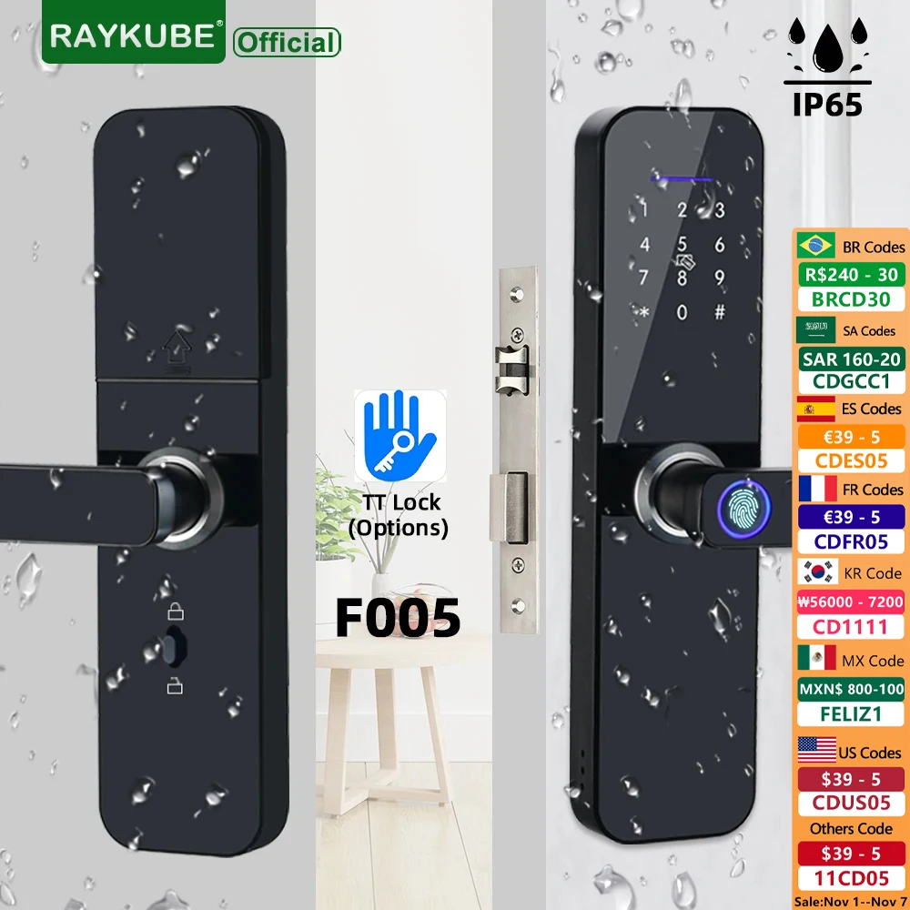 

RAYKUBE F005 IP65 Waterproof TT Lock Electronic Smart Door Lock With Fingerprint/Smart Card/Password/Key/APP Unlock