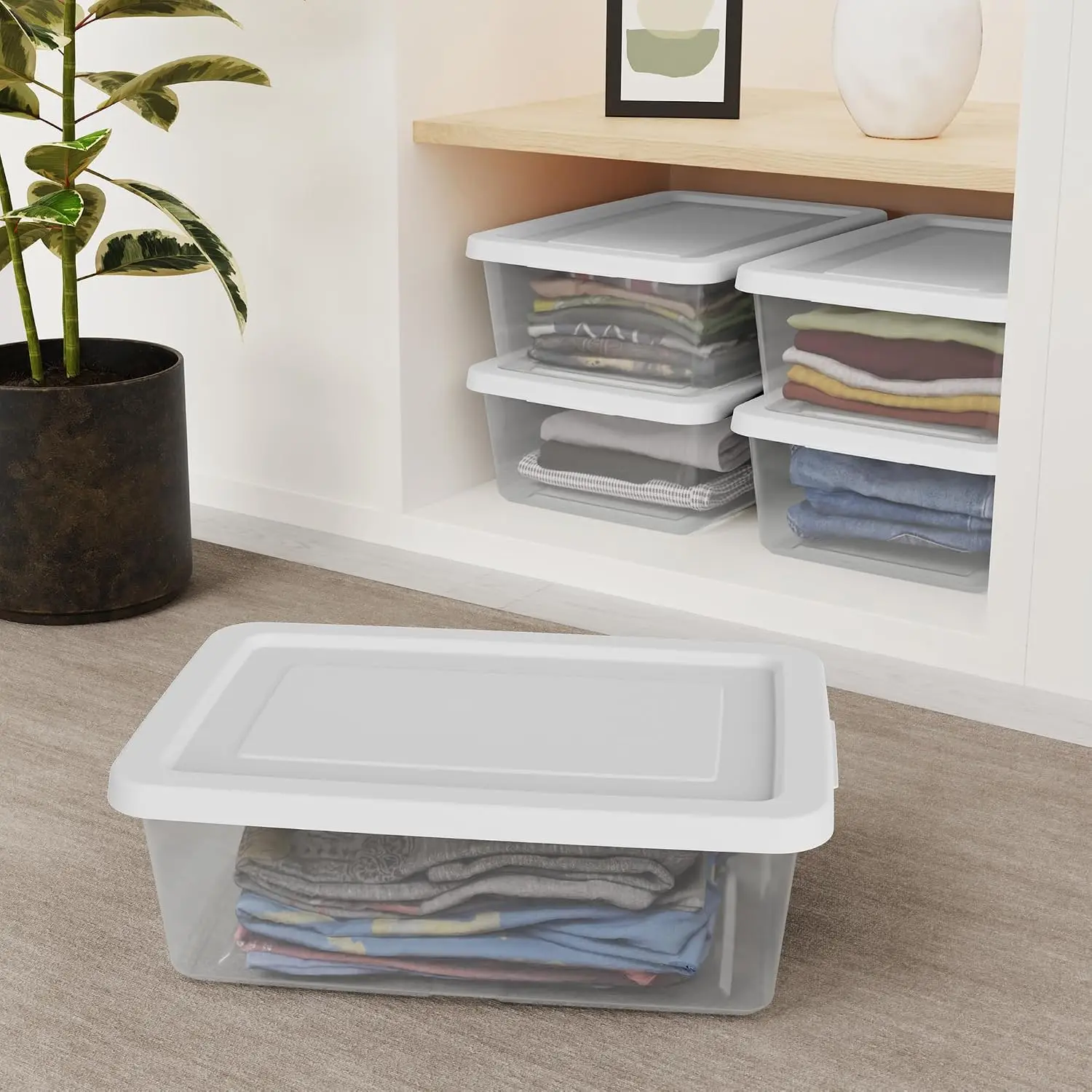 Storage Box Stackable Tote, White, 12 Quart, 30 Pack  Clear Plastic Container With Secure Snapping Lids for Home and Office Organization