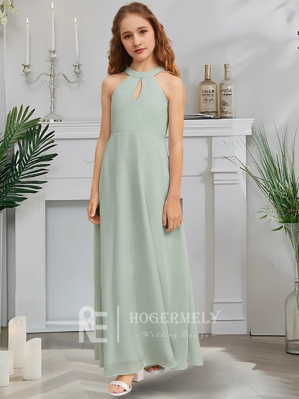 Designer A-Line จูเนียร์ชุดเจ้าสาว Sage Bloom ดอกไม้สาวชุด Halter ความยาวชั้นชีฟอง Garden Gala Dance งานแต่งงาน