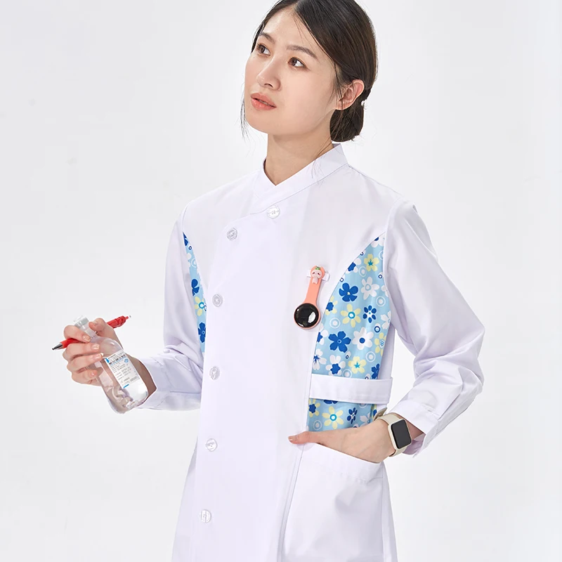 Medical Nurse Gown Women Scrub Uniform Robe White Long Sleeve Workwear Hospital Scrubs Nursing Dress Healthcare Uniforms 902-CS