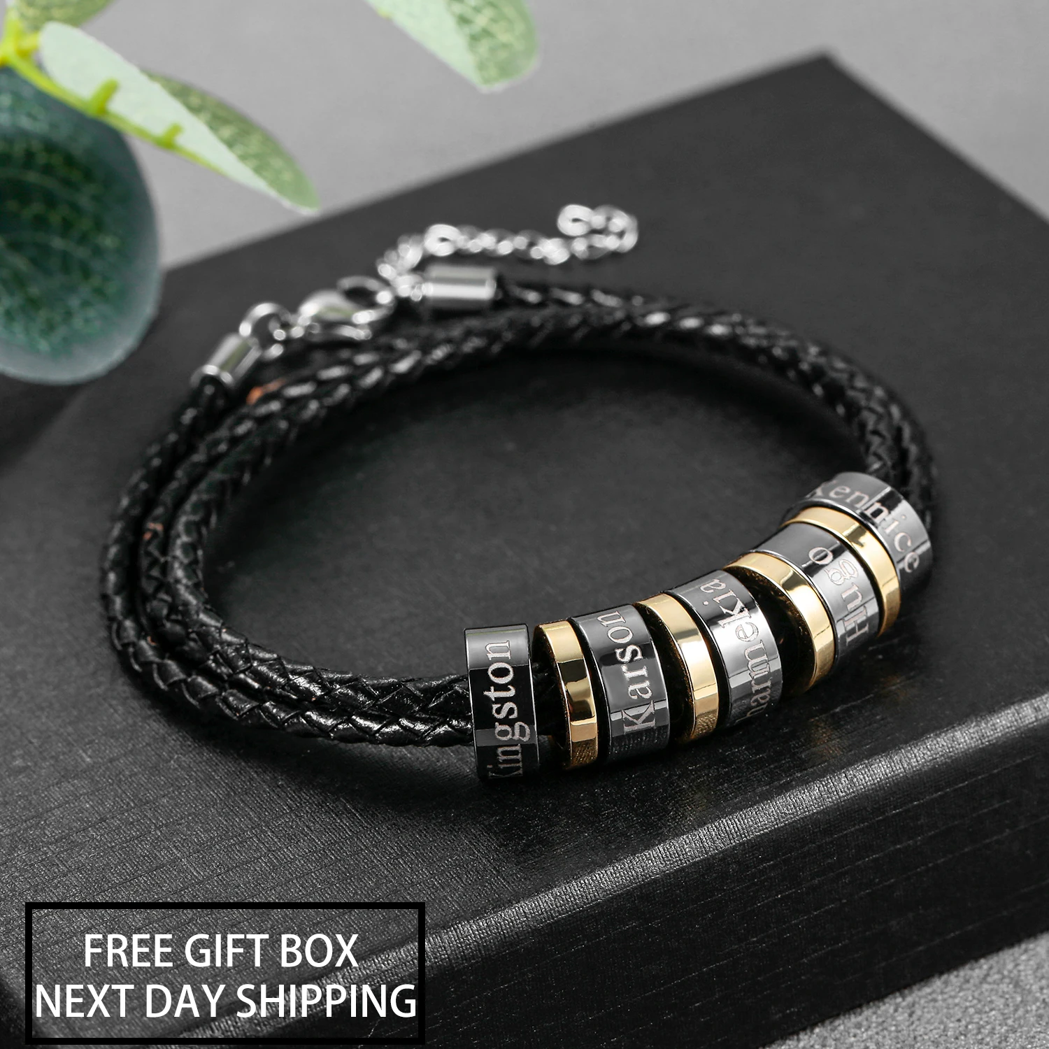 

Custom Men's Bracelet Black Charms Beads Bracelet Personalized Men's Jewelry Genuine Leather Braided Bracelet Christmas Gift