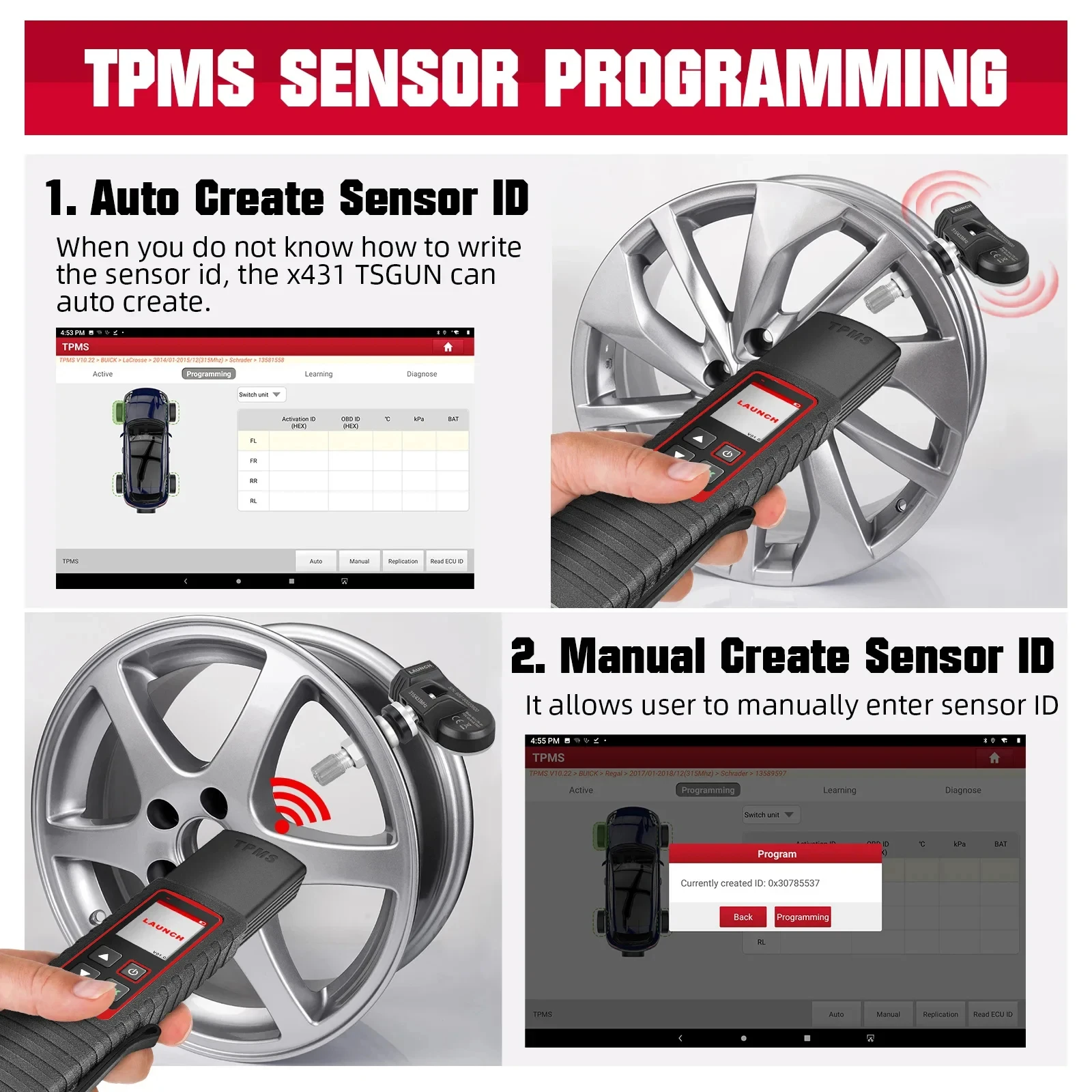 LAUNCH X431 TSGUN TPMS Car Tire Pressure Sensor Detector 315/433 MHZ RF-Sensor Programming Diagnostic Tool for X-431 V/V+/PRO3S+