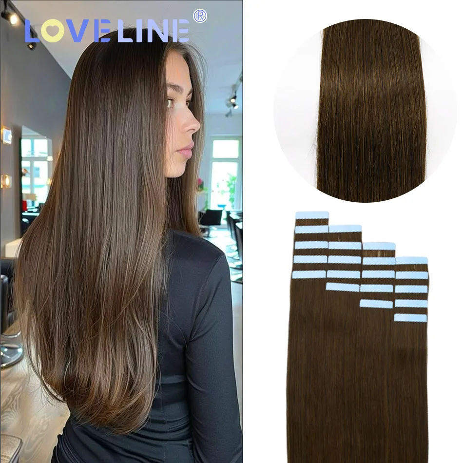 LOVELINE 14“--24” Tape in Hair Extensions Invisible Virgin Remy Human Hair Brown 100% Remy Human Hair Invisible For Women