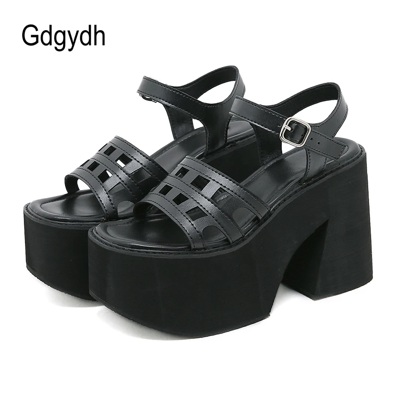 Gdgydh Women\'s Platform Sandals Goth Hollow Out Ankle Strap Heeled Sandals Solid Color Open Toe Casual Walking Beach Shoes