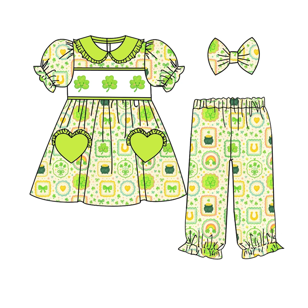 

Wholesale Kids St. Patrick's Day Pyjamas Girls Heart Pocket Pajama Set Boys Set Green Clover Children's Sleepwear 2-Piece Set