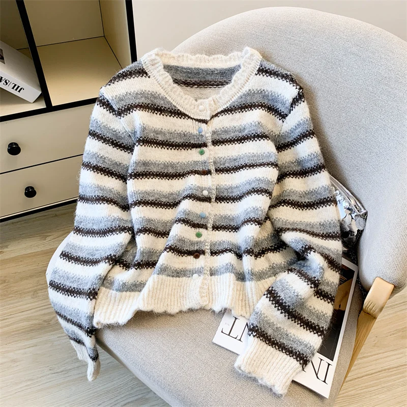 

Women's Blue Contrast Striped Knitted Cardigan Elegant Korean Fashion Harajuku Chic Autumn Sweater 2025 New Warm Lazy Style Top