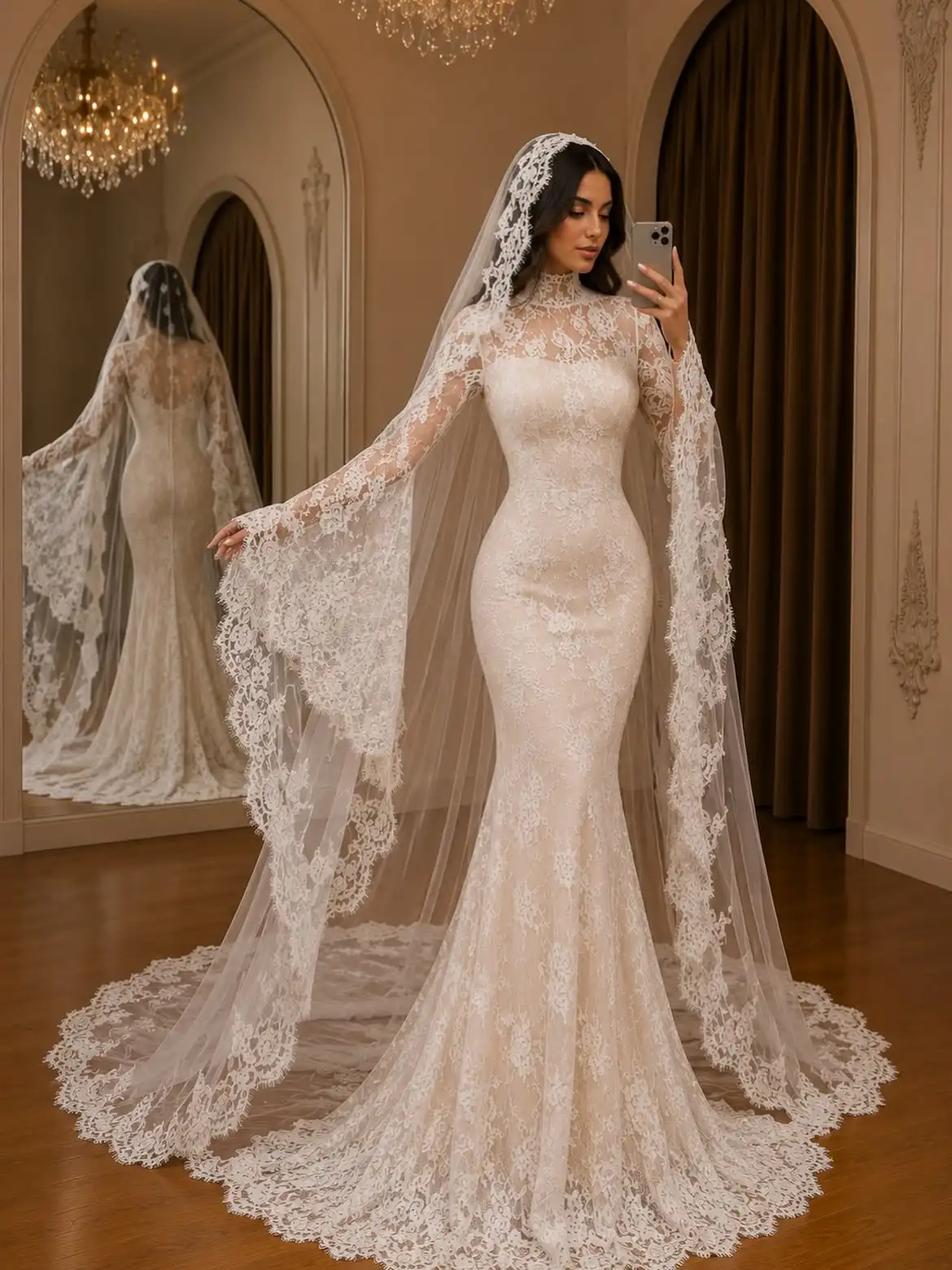 LumiGown 2026 Ivory High Neck Mermaid Wedding Gown Full Floral Lace Flare Long Sleeve Lace Edge Long Tulle Veil Wedding Gown