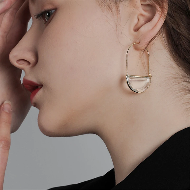 HANGZHI Exaggerated Transparent Multicolor Crystal Glass Half Circle Pendant Earrings Personality Hoop Earrings 2022 INES New