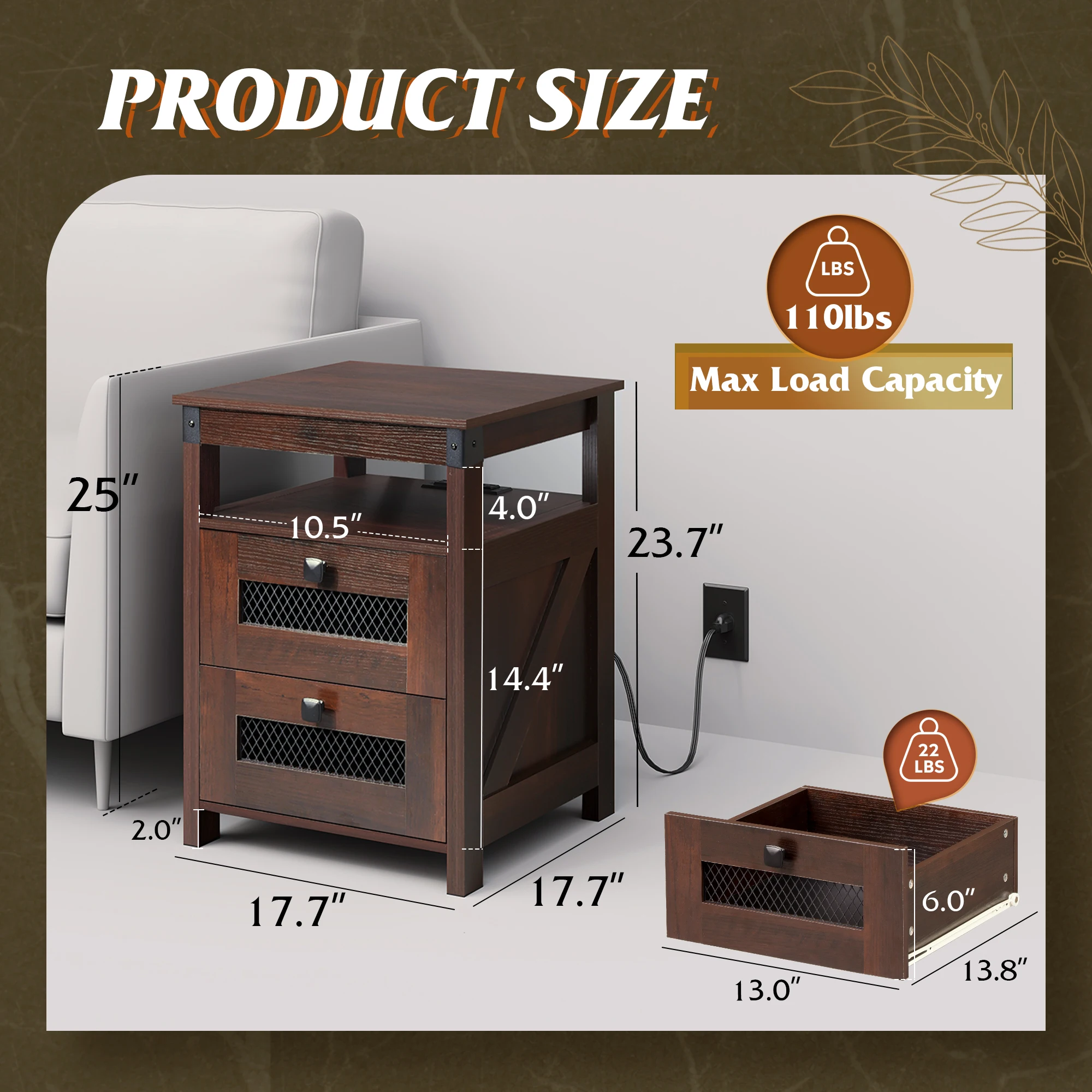 Nightstand with Charging Station, Farmhouse End Table, Bed Side Table with 2 Storage Drawers and Open Shelf, Wood Rustic Nightstands for Bedroom, Espresso