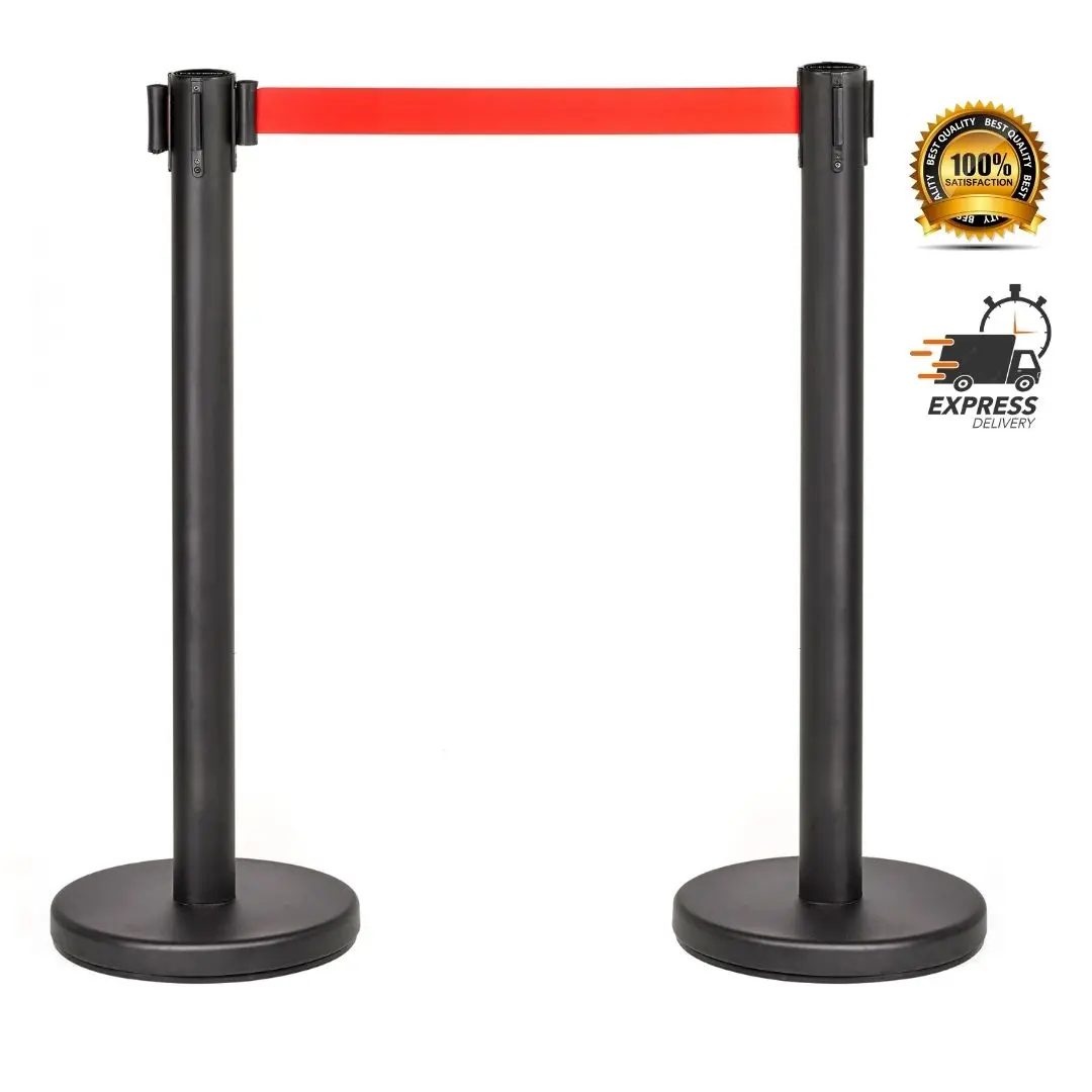 Barrier pole access Control black stainless steel Red Ribbon 3 meters retractable controller entry posts barriers separation queues access controls organization rows organization separation