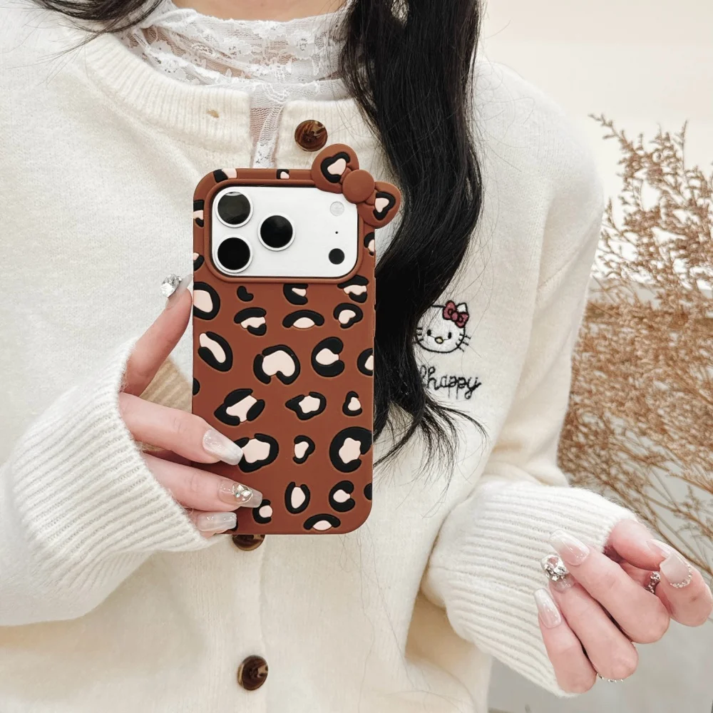 Funda de teléfono con lazo 3D con estampado de leopardo, bonita y moderna, para iPhone 16 17ProMax, Fundans 17Pro, nueva funda protectora de silicona a prueba de golpes