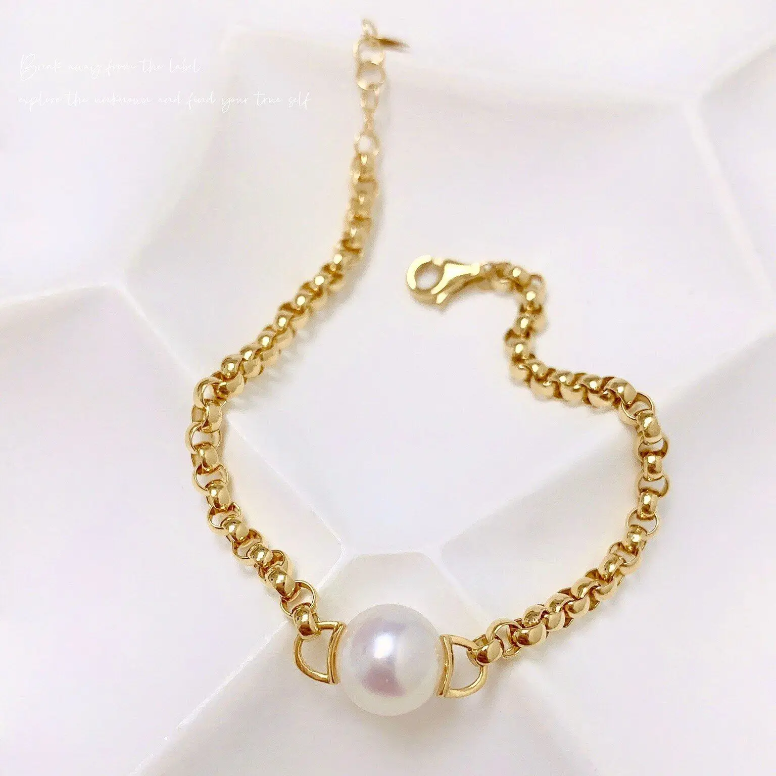 MADALENA SARARA 18K Yellow Gold 7-8mm Freshwater Pearl Pop Chain Women Bracelet Au750 Stamp Extented Chain