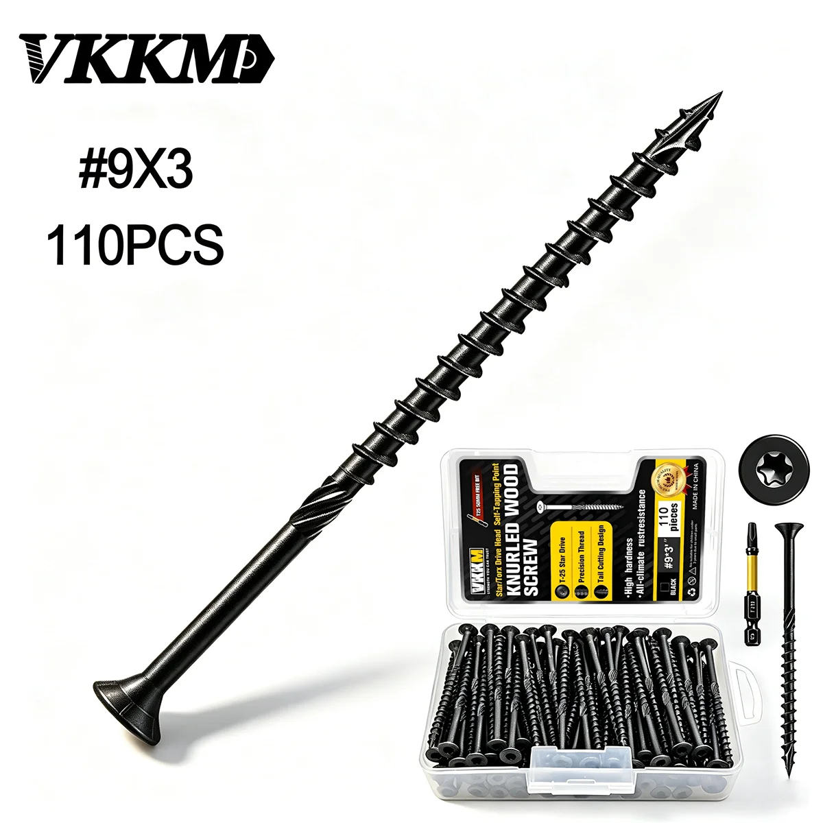VKKM #9*3 Inch Torx T25 Knurled Wood Screws 110Pcs Black Self Tapping Wood Fasteners with T25 Bit for Furniture Construction Indoor Wood Joining Projects