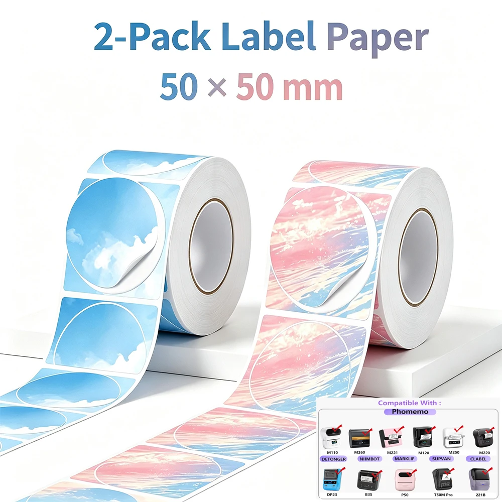 2 Rollen 50x50mm Thermoetikettendrucker-Aufkleber Selbstklebendes Farbthermopapier Passend für Phomemo M110 M200 M120 E210 Etikettendrucker