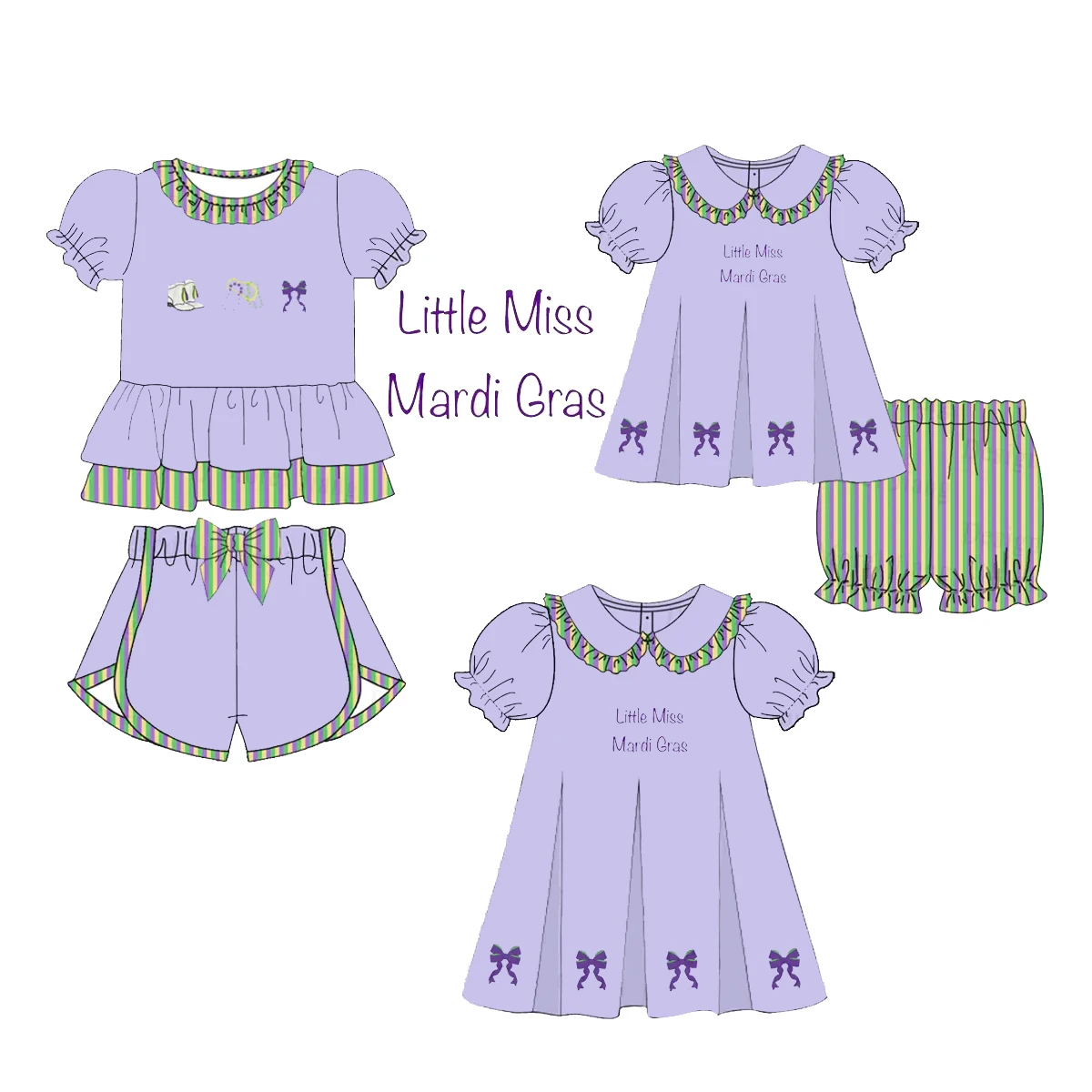 Mardi Gras boutique children's suit short-sleeved elastic beaded bow printed shorts bow girl suit baby onesie dress