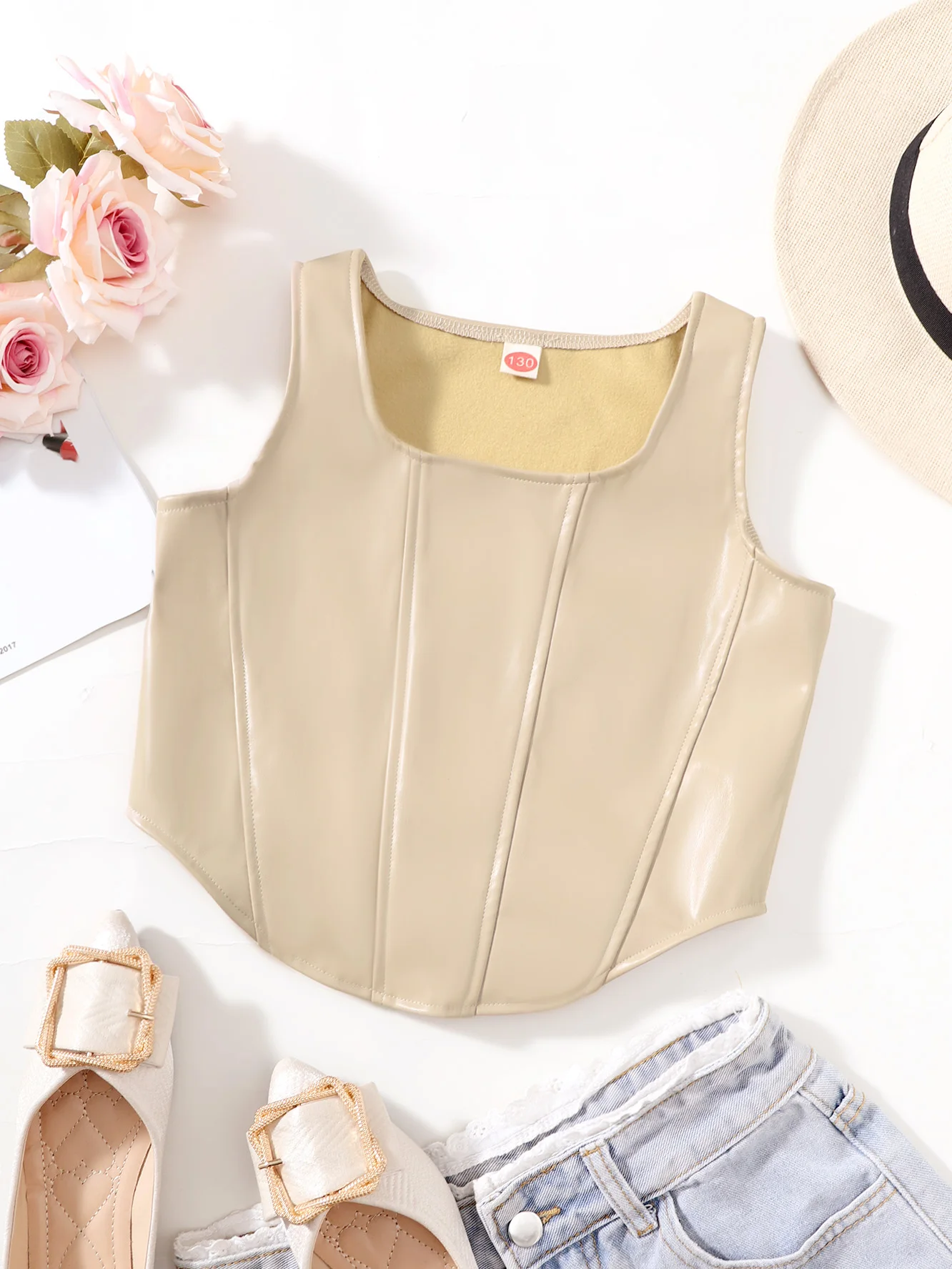 

Модный жилет без рукавов для девочки, модный бежевый цвет, подходит для выхода, создающий индивидуальный вид.