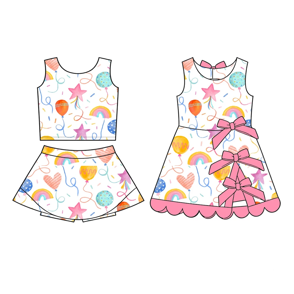 Birthday theme Boutique kids set Top paired short skirt girls set bow decoration dress balloon rainbow print girl dress and set