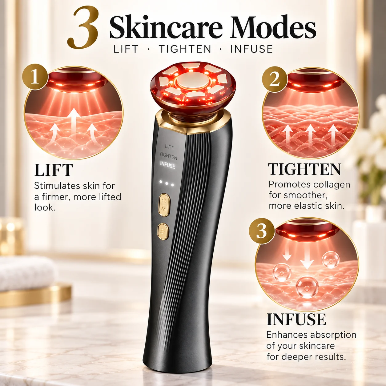 3-in-1 Red Light Therapy Facial Massager for Face & Neck, LED Skin Care Beauty Device with LIFT TIGHTEN INFUSE Modes, Face Sculpting Tool for Firming, Radiance & Serum Absorption, Handheld At-Home Skincare Tool for Women Men Daily Use
