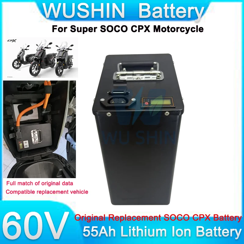Lithium 21700 60V 55Ah Lithium Battery Pack 150A BMS Customized Replacement for Super SOCO CPX Scooter & Motorcycle with Charger