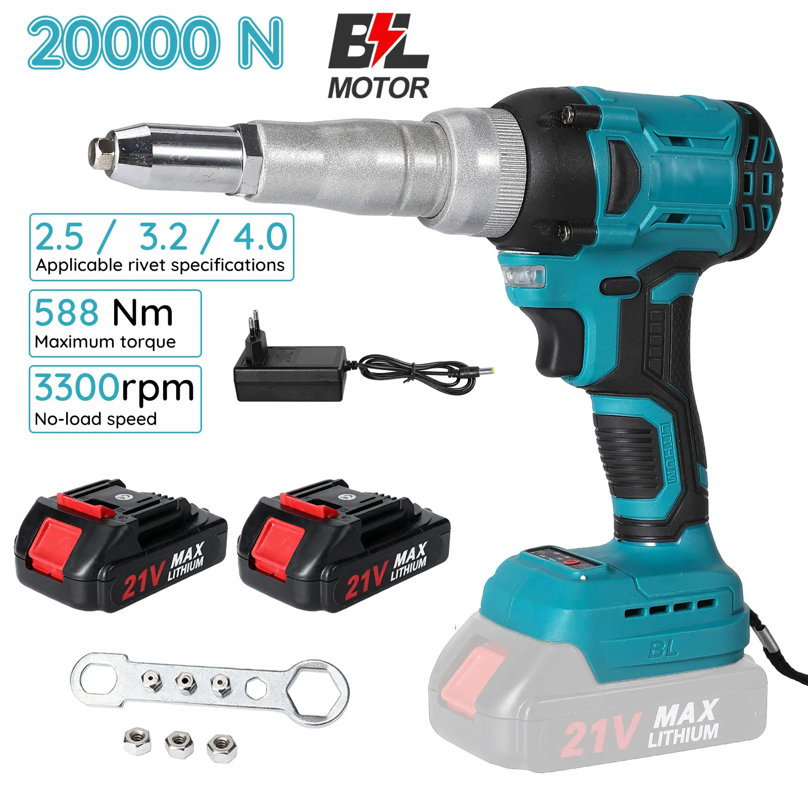 Pistolet à rivets électrique sans balais 3300 tr/min, entièrement automatique, sans fil, pour écrous à riveter, 20000N, outil électrique à insertion par perceuse, compatible avec batterie Makita 18V