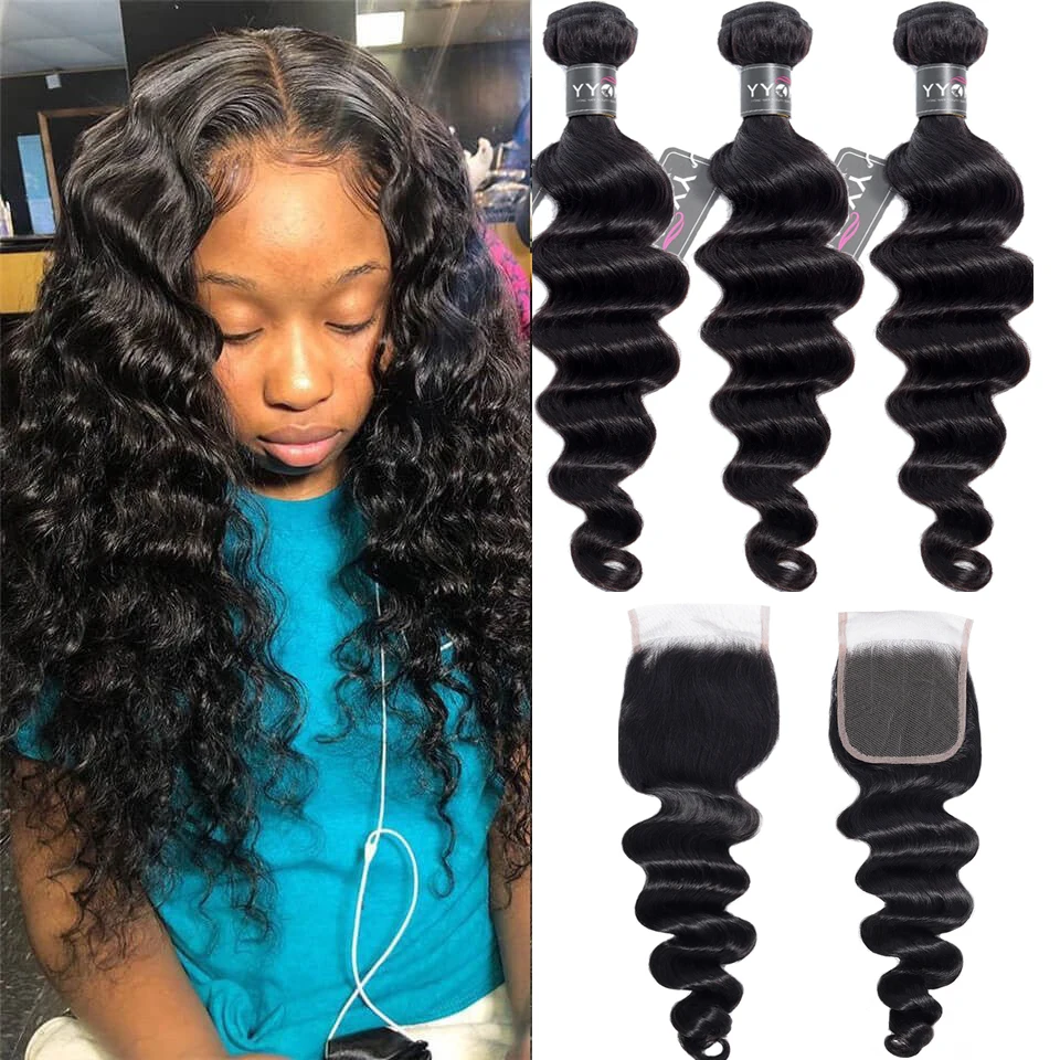 

Yyong Hair Brazilian Loose Deep Wave 3/4 Bundles With 4x4 Closure 100% Remy Human Hair Weave Bundles With 4x4 Lace Closure