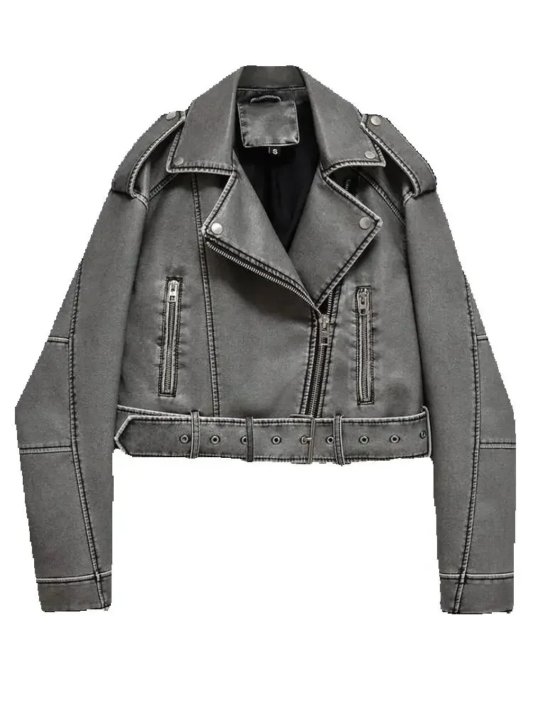Kobiety Jesień Zima Luźne Szare PU Faux Leather Krótkie Kurtki Pasek Kobiety High Street Zipper Retro Moto Biker Płaszcze Odzież wierzchnia XS-XL — zdjęcie 2