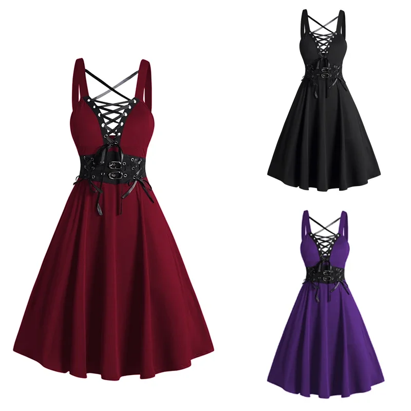 Womens Gothic Jurk Met Vetersluiting Met Gesp Kriskras Over Diepe Hals Met Hoge Taille Een Lijn Mini-Jurk Mouwloze Overgooiers Vestidos - afbeelding 2