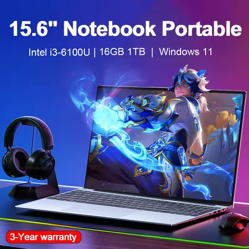 Portátiles 2026 de 15.6 Pulgadas con Windows 11 Pro, Intel Core i3 6100U, 16GB de RAM, 512GB/1TB SSD, Notebook Gamer con Desbloqueo por Huella Dactilar, Portátiles para Oficina y Estudio