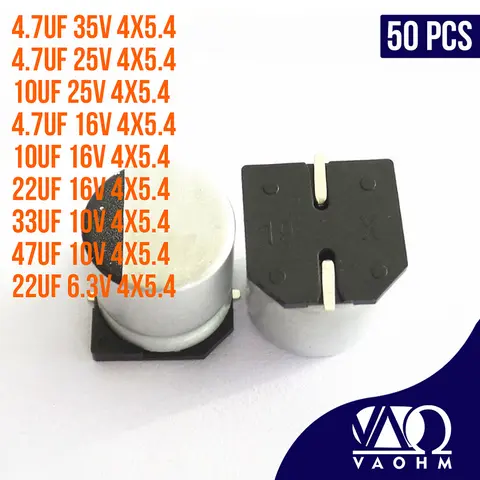 4.7 미크로포맷 10 미크로포맷 22 미크로포맷 33 미크로포맷 47 미크로포맷 6.3V 10V 16V 25V 35V 4*5.4 표면 실장 알루미늄 전해 콘덴서 50 개/몫