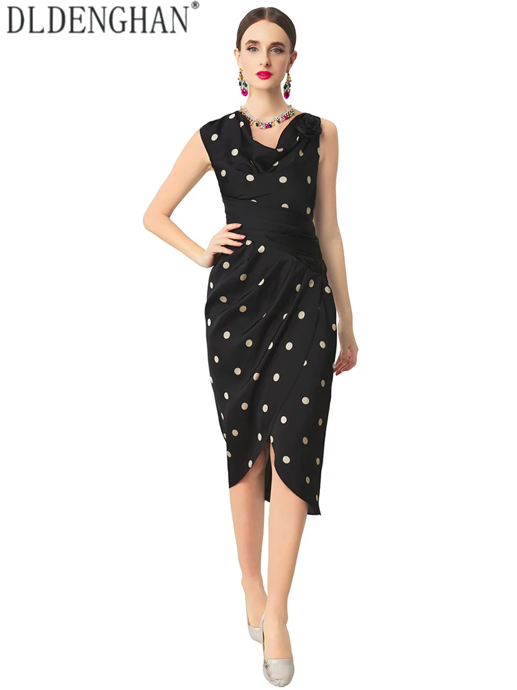 

DLDENGHAN Женские модные платья в стиле High Street с драпированным вырезом, без рукавов, в горошек, с объемными цветами, летняя новая модель