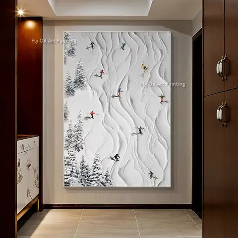 Ski Sport Oil Painting On Canvas Textured Wall Art Personalized Gift Handmade Skier On Snowy Mountain Art White Snow Skiing Art