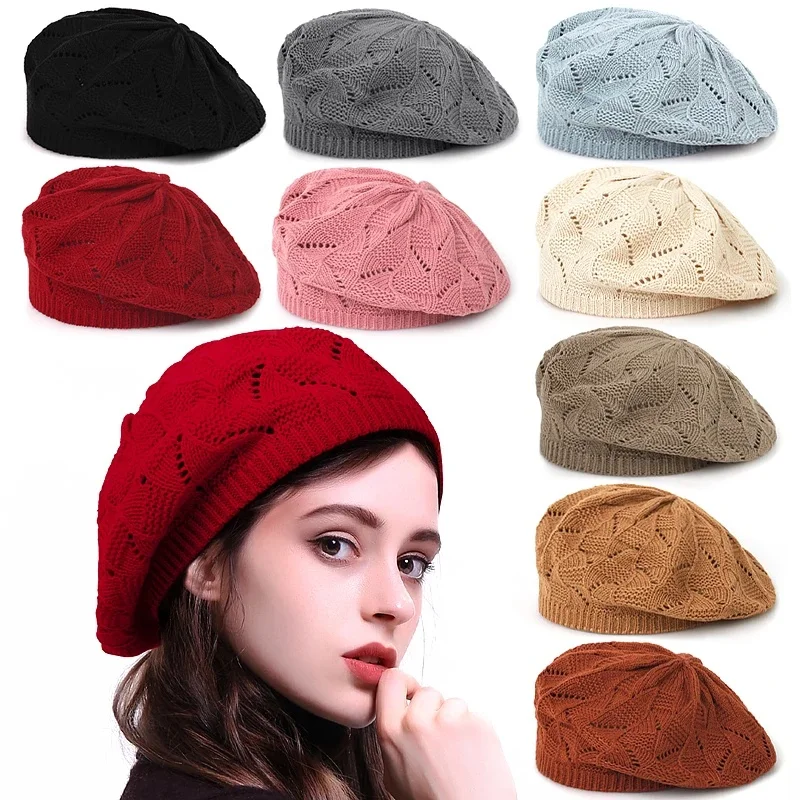 Geebro Damski beret z dzianiny w jednolitym kolorze Damskie berety francuskich artystów Wiosenne, cienkie akrylowe berety dla kobiet Beanie — zdjęcie 2