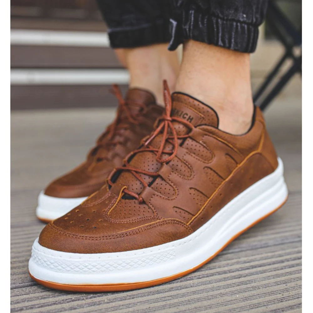 FOH Store Sneakers for Men Women TAN Artificial Leather 2023 Spring Autumn Casual Lace Up Fashion Shoes High Base Sport Comfortable Light Vulcanized Daily Original Canvas Odorless Orthopedic Suits Office Wedding 040