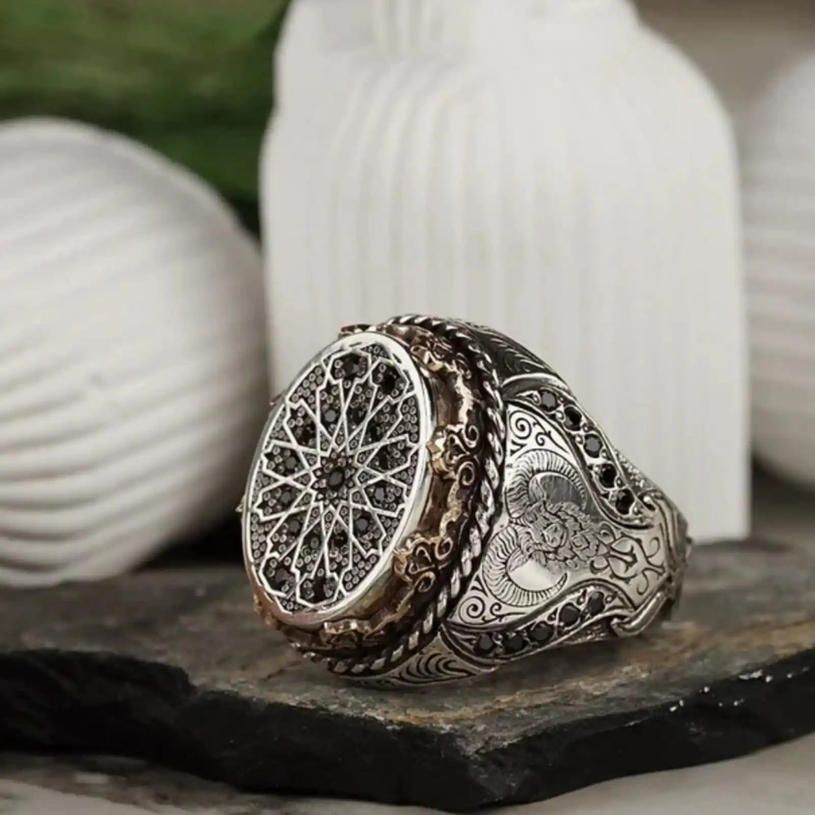 White Zircon Adorned Ram Ring - 925 Sterling Silver - Men's and Women's Unique Jewelry