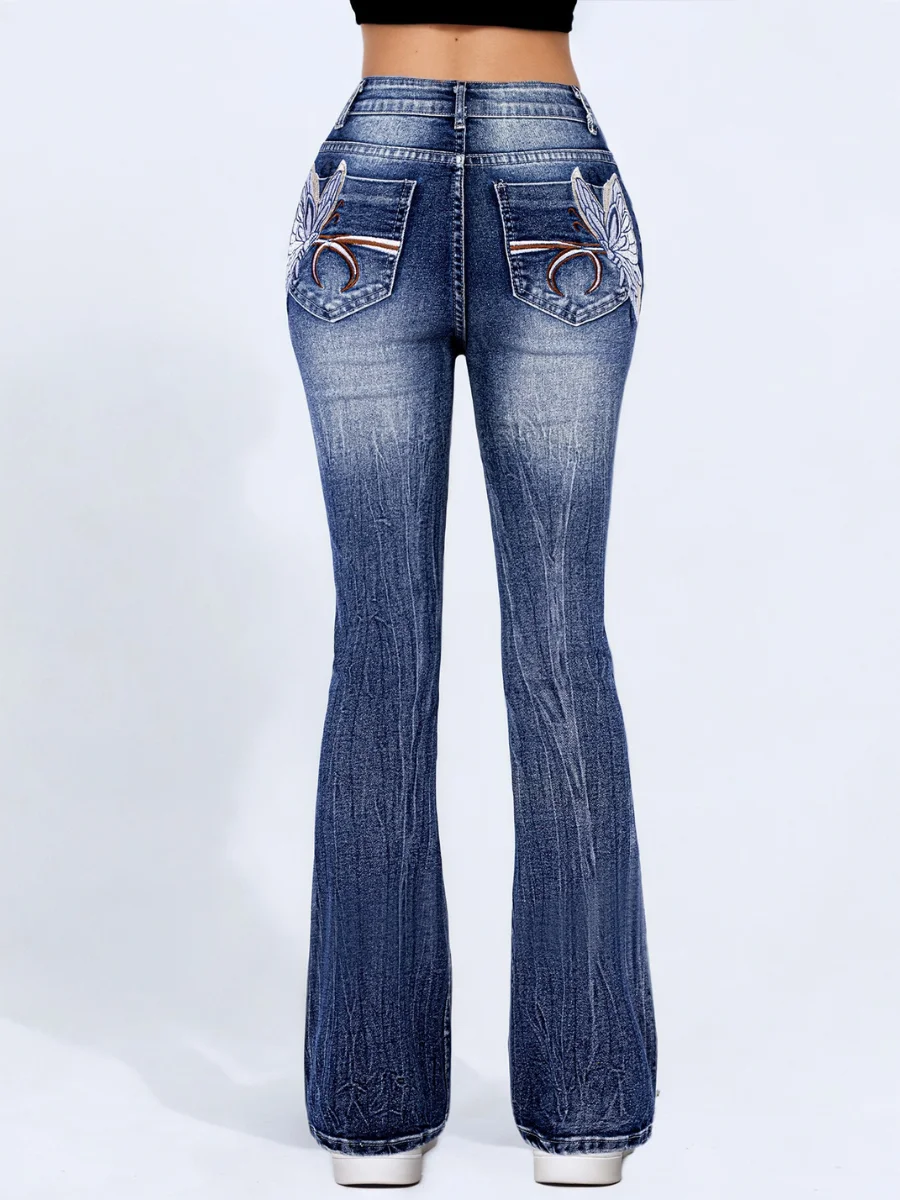 【HME】Casual Jeans with Embroidered Wings Women's Casual Jeans - Embroidered Wings, Back Pocket Details, Beard