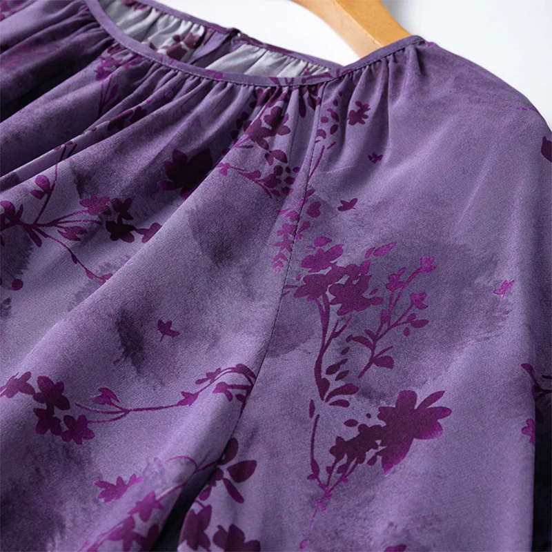 Damen-Seidenbluse, 100 % Maulbeer-Krepp-Seide, lila Blumenmuster, lockerer Pullover, Top, Hemd, 2025, Bürodame, Arbeit, M1304
