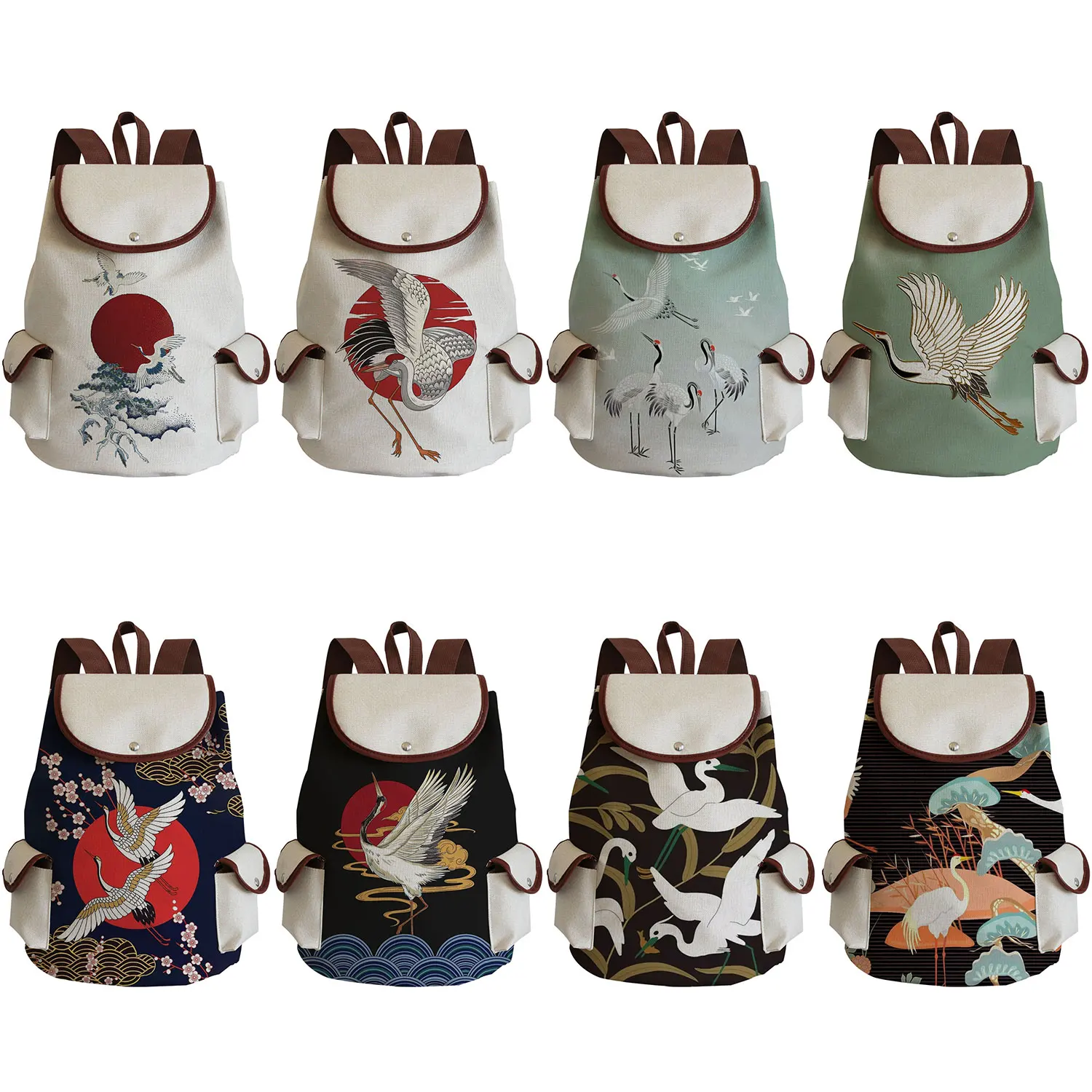 Red Crowned Crane Printed Backpack Casual Cartoon Backpacks Japan Style High Capacity Children Schoolbag Ukiyoe Kids Book Bags