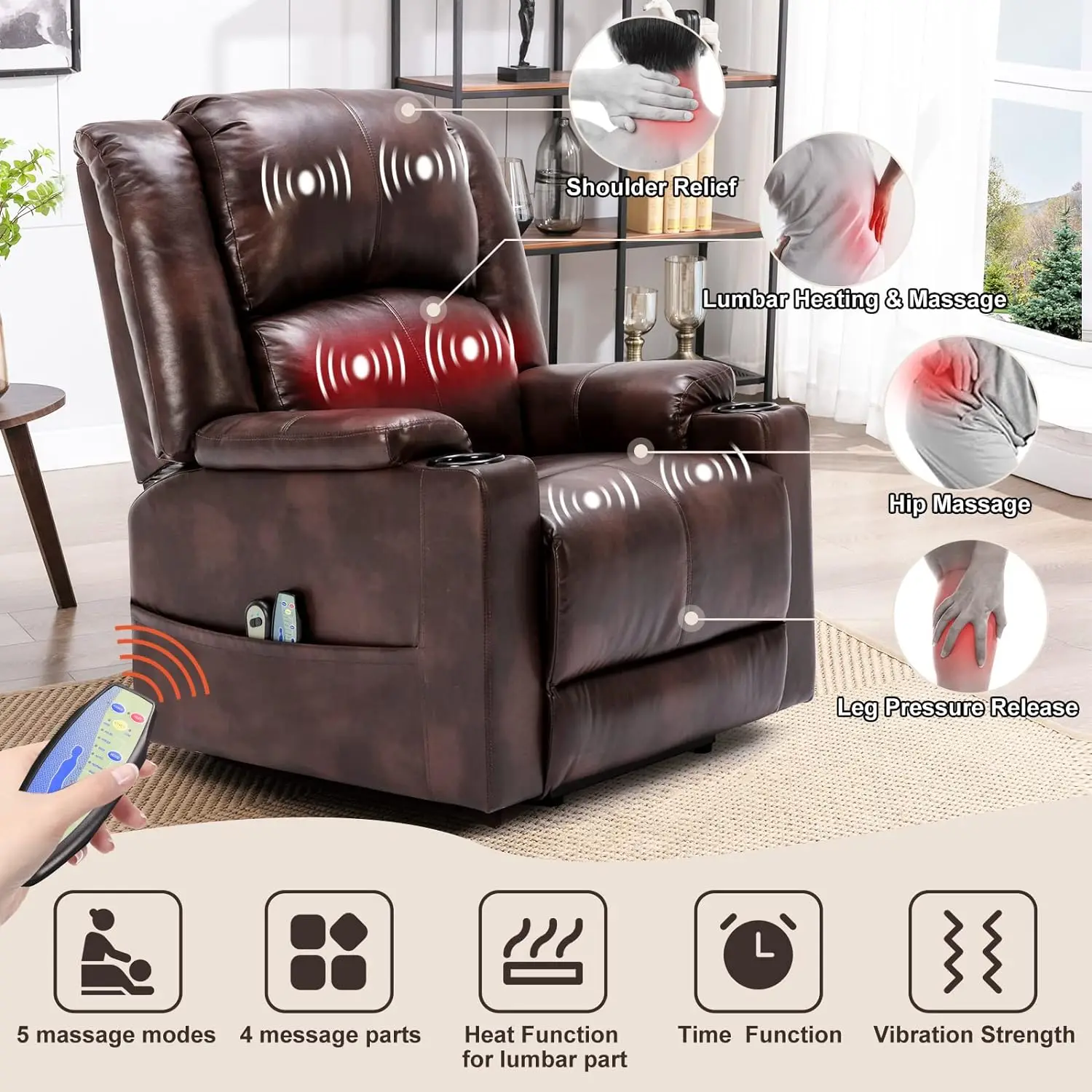 Comhoma Power Lift Recliner for Elderly, Lift Chair with Heat and Massage, Pu Recliner Sofa with Cup Holder image 6