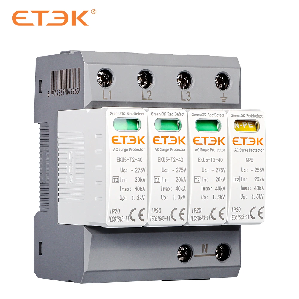 Imagem -06 - Dispositivo Protetor do Impulso da Casa de Etek Protetor Prendedor tipo t2 Spd C.a. 4p 20ka40ka 3p Mais Npe 275v Eku5-t2403pn275