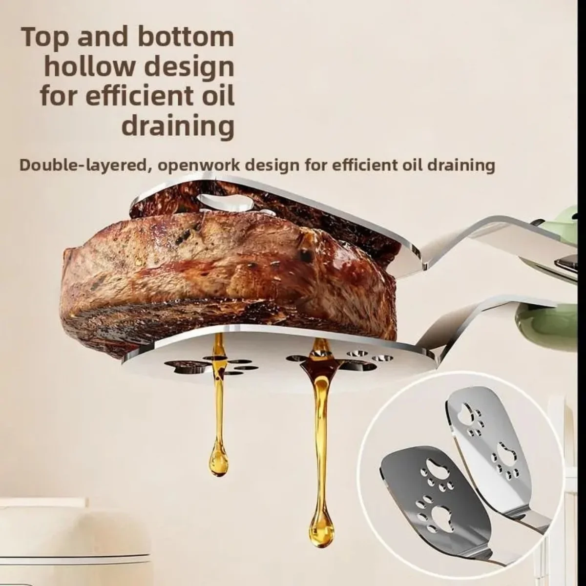 Cute Bear Head Kitchen Tongs, Stainless Steel Paw Print Fish & Steak Clamp with Oil Drain Feature